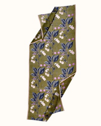 Hand screen print Botanica Cherries Scarf in Olive on a white background by Épice.
