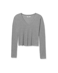 The Fiona Stripe Jersey V Neck L/S by perfectwhitetee features black and ivory stripes, a long sleeve V neckline, ribbed texture, cropped fit, and is made from recycled cotton. Shown laid flat on a white background.