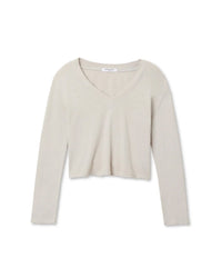 The perfectwhitetee Fiona Long Sleeve Recycled V Neck in Silver, featuring long sleeves, a v neckline, and cropped fit, is crafted from recycled cotton and shown laid flat on a white background.