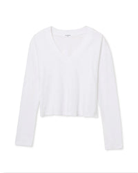 The perfectwhitetee Fiona Long Sleeve Recycled V Neck in White is laid flat on a white background.