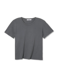 The perfectwhitetee Harley Cotton S/S Boxy Crew Tee in Charcoal is a relaxed-fit, crewneck, short-sleeve t-shirt that offers effortless style and comfort, shown here in solid charcoal gray against a white background.