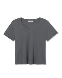 The Hendrix Cotton S/S Boxy V Neck Tee in Charcoal by perfectwhitetee, a short-sleeved cotton v-neck, is displayed laid flat on a white background.