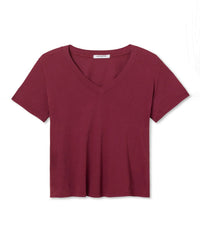 The Hendrix Cotton S/S Boxy V Neck Tee in Dark Burgundy by perfectwhitetee, featuring a short-sleeve design and crisp cotton fabric, is laid flat on a white background. #perfectwhitetee.