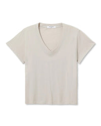 The Hendrix Cotton S/S Boxy V Neck Tee in Silver by perfectwhitetee is shown laid flat on a white background. Made from crisp cotton, this minimalist short sleeve tee features a plain design with no visible logos or patterns.