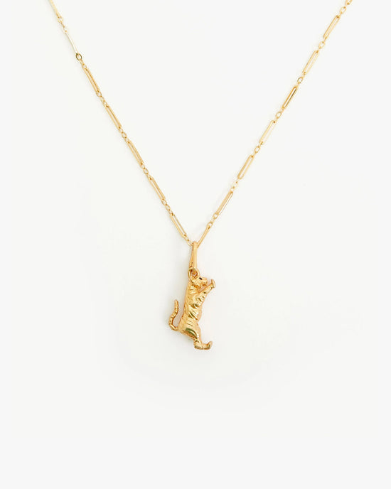 The Clare V. Fine Paperclip Charm Chain 24" in 14K Gold Vermeil features a delicate gold tiger pendant, shown on a plain white background.