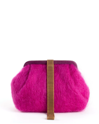 A vibrant Marian Paquette Susan Solid Mohair Clutch in Fuchsia with a gold vintage chain handle on a white background.