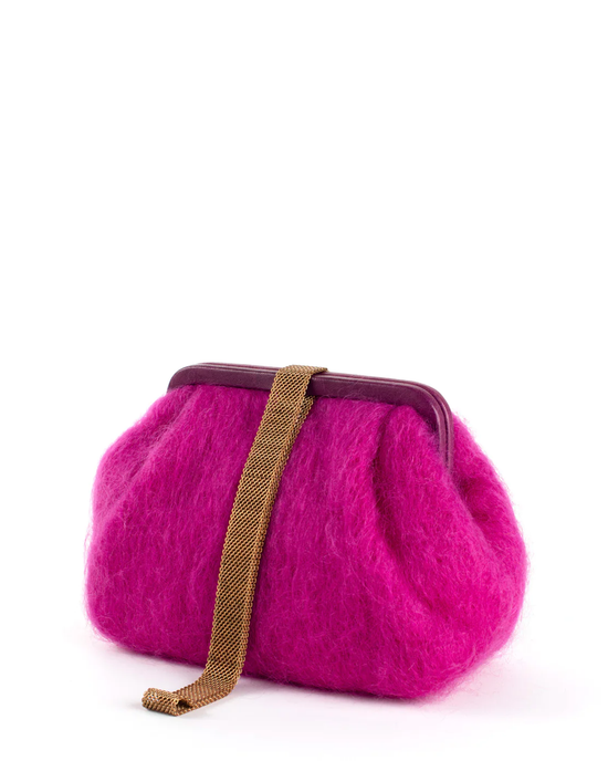 Susan Solid Mohair Marian Paquette Limited Edition clutch purse with a brown strap against a white background.