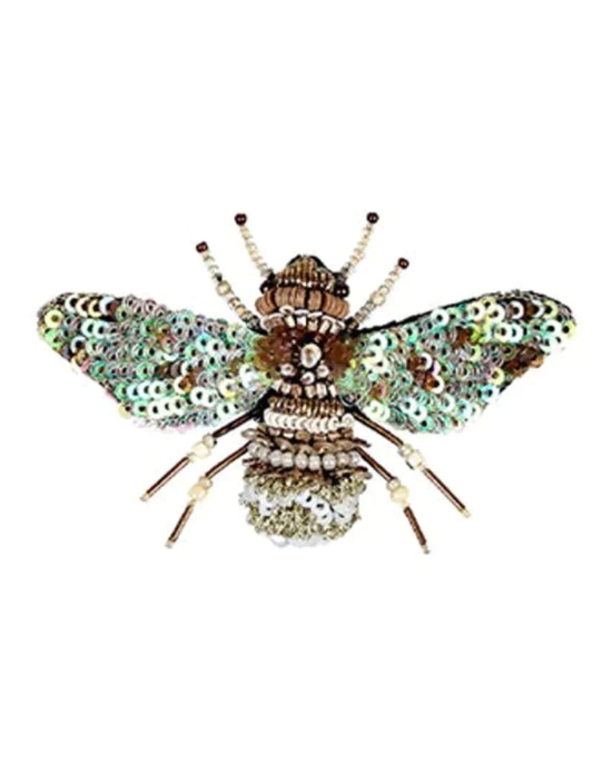 A Trovelore handmade in India decorative representation of a Pearl Bee Brooch Pin composed of various beads and jewels.