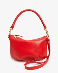 Clare V. Petit Moyen Messenger in Rouge Nappa Luxe, featuring gold-tone hardware on a white background.