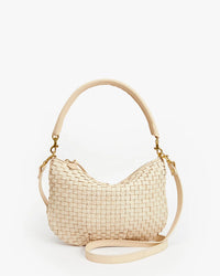 Beige Clare V hand-woven leather handbag with a single handle and detachable shoulder strap, featuring gold-tone hardware.
