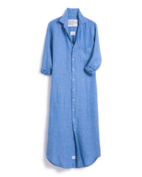 Rory Maxi Shirtdress in Blue Linen by Frank & Eileen, displayed against a white background.