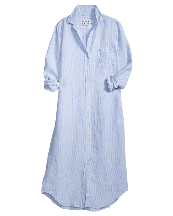 Rory Maxi Shirtdress in Blue & White Stripe by Frank & Eileen isolated on a white background.