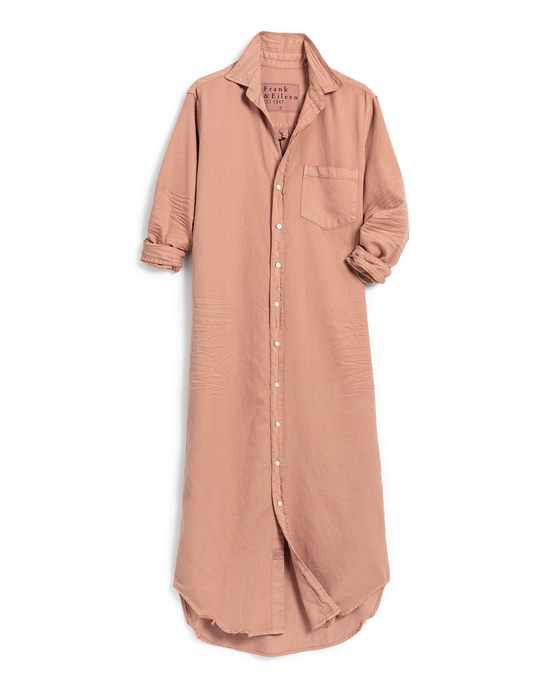 A long-sleeve, pink Frank & Eileen Rory Maxi Shirtdress in Desert Denim isolated on a white background.