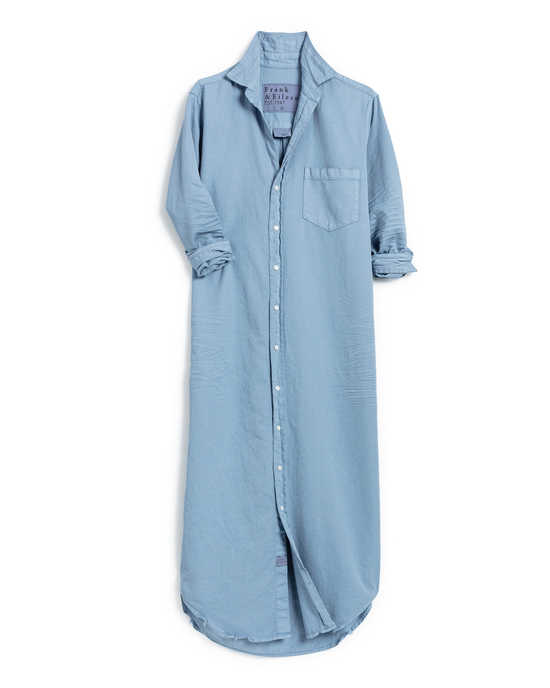 A light blue, long-sleeved Frank & Eileen Rory Maxi Shirtdress in Dusty Blue Denim made from Italian color denim lying flat on a white background.