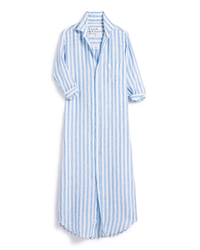 Rory Maxi Shirtdress in Wide White/Blue Stripe crafted from Italian linen, displayed on a white background by Frank & Eileen.