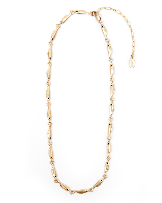 Gold plated necklace with elongated Sardine Chain in Vintage Gold links on a white background by Clare V.
