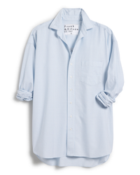 Shirley Oversized Button-Up Shirt in Light Blue Stripe by Frank & Eileen displayed on a white background.