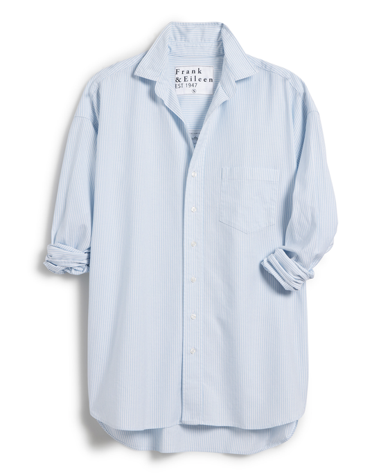 Shirley Oversized Button-Up Shirt in Light Blue Stripe by Frank & Eileen displayed on a white background.