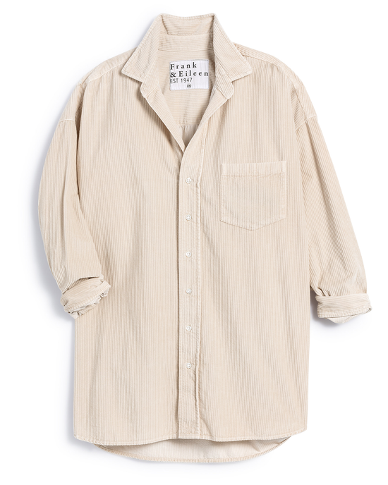 Shirley Oversized Button Up in Vintage White Cotton by Frank & Eileen with front pocket isolated on a white background.