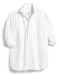 A white, long-sleeved Shirley Oversized Button-Up Shirt in White Tattered Denim displayed on a white background, with a visible Frank & Eileen label on the collar.