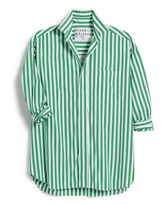 Shirley Oversized Button Up Shirt in Wide Green Stripe by Frank & Eileen on a white background.