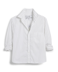 A white striped Frank & Eileen Silvio Untuckable Button Up Shirt in Thin Black Stripe displayed against a white background.