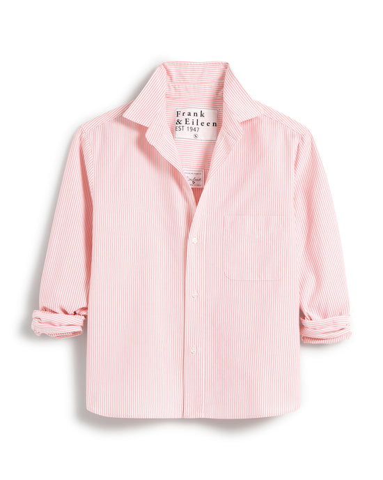 A pink and white vertically striped Frank & Eileen Silvio Untuckable Button-Up shirt in Hot Pink Stripe with rolled-up sleeves, crafted from Italian Oxford Cotton and displayed flat on a white background.