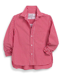 The Frank & Eileen Silvio Untuckable Button Up in Red White Check is a long-sleeve, boxy-fit shirt crafted from soft Italian cotton, featuring a collar and an inside neck label, displayed on a white background.