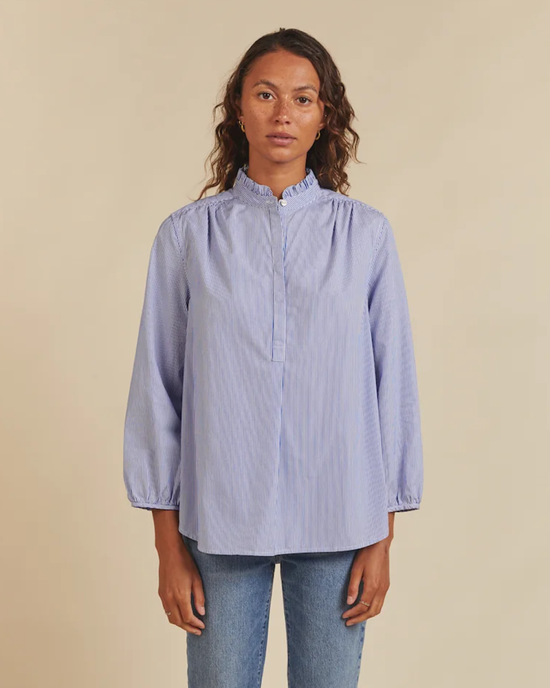 Sara B Henley Shirt in Blue/White Stripe