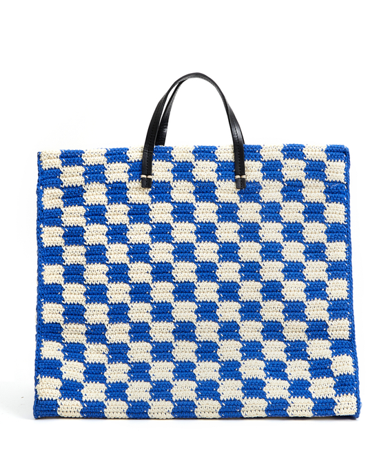 Summer Simple Tote in Cobalt & Cream Crochet by Clare V., isolated on a white background.
