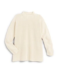 The Frank & Eileen Montecito Sweater in Cream is a cream-colored, long-sleeve, ribbed knit sweater with a mock neck, shown laid flat on a white background.