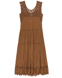 Sleeveless brown the Great Soleil Dress in Canyon with floral embroidery on the bodice and tiered skirt.