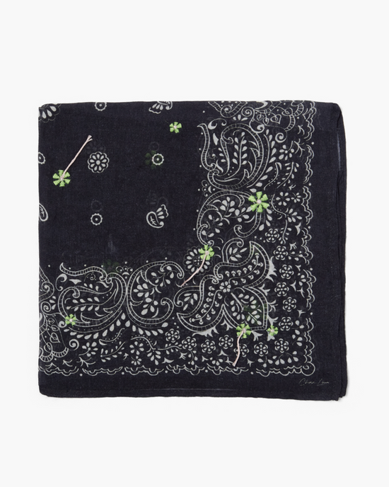 Chan Luu Floral Bandana in Black with paisley and floral patterns on a white background.
