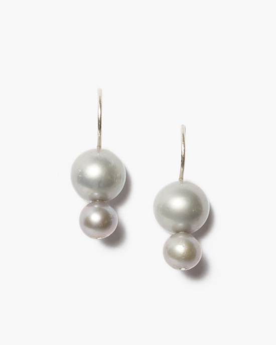 A pair of CL 2 Grey Pearl Drop Earrings by Chan Luu on a white background.