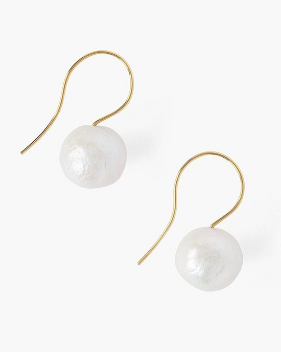 Pair of Chan Luu CL White Pearl Drop Earrings with 18k gold plated sterling silver hooks on a white background.