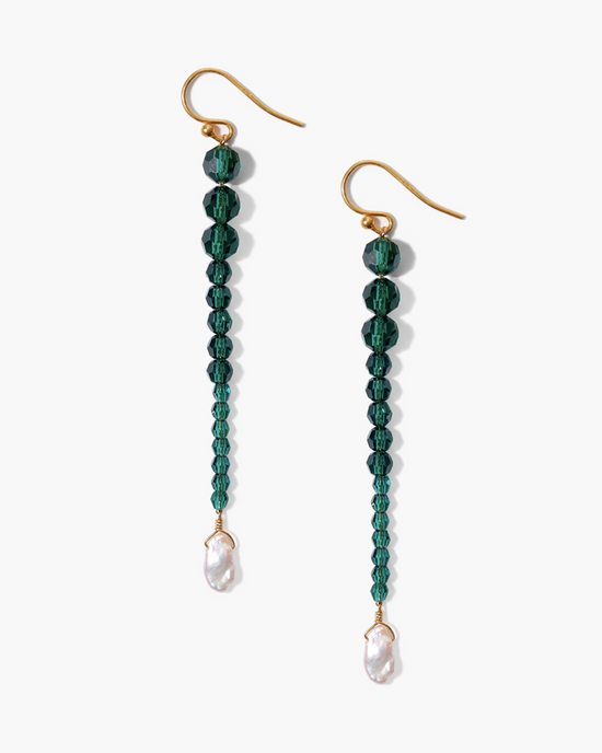 A pair of Chan Luu Gota Earrings in Emerald with pearl drops on a white background.
