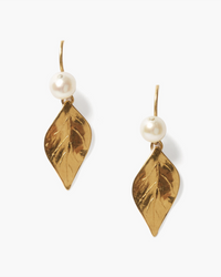 A pair of Chan Luu Falling Leaf Drop Earrings in White Pearl with freshwater pearl accents on a white background.