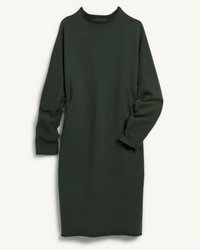 A plain long-sleeve olive green Frank & Eileen Izzie Funnel Neck Short Dress in Evergreen on a white background, with a relaxed fit.