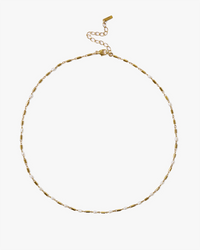 Chan Luu 18k gold plated sterling silver CL Necklace NG-14734 with freshwater rice pearl accents on a white background.