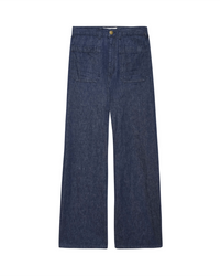 A pair of The Dock Jean in Rinse Wash by the Great, high-waisted wide-leg jeans isolated on a white background.