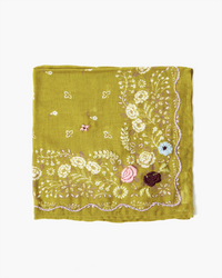 A square, olive green viscose gauze scarf with intricate white and multicolored floral embroidery, displayed on a plain white background, like the Chan Luu Lrg Emb Flower Bandana in Green.