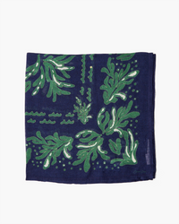 A Seaweed Print Bandana in Estate Blue featuring a seaweed floral pattern and decorative motifs, displayed on a plain background by Chan Luu.