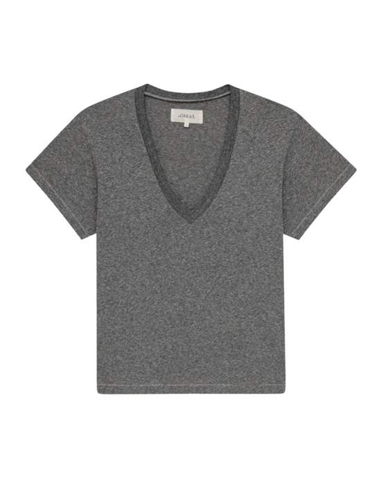 The V Neck in Heather Grey t-shirt with pitched sleeves displayed against a white background by the Great.