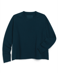 A relaxed-fit, long-sleeve Frank & Eileen Quinn Crew LS Tee in Vintage Navy is laid flat on a white background, with one sleeve slightly bent inward.
