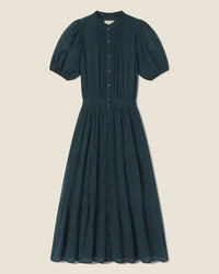 The Blair Dress in Sea Pine Check by Trovata Birds of Paradis is a dark green, ankle-length dress featuring short puff sleeves, a button-down front, fitted waist, and tiered midi skirt for an elegant look.