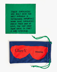 Two colorful protective pouches for Heather Sunglasses in Iris, one green with text highlighting recycled materials, and one blue with the label "Clare V. Sunnies".