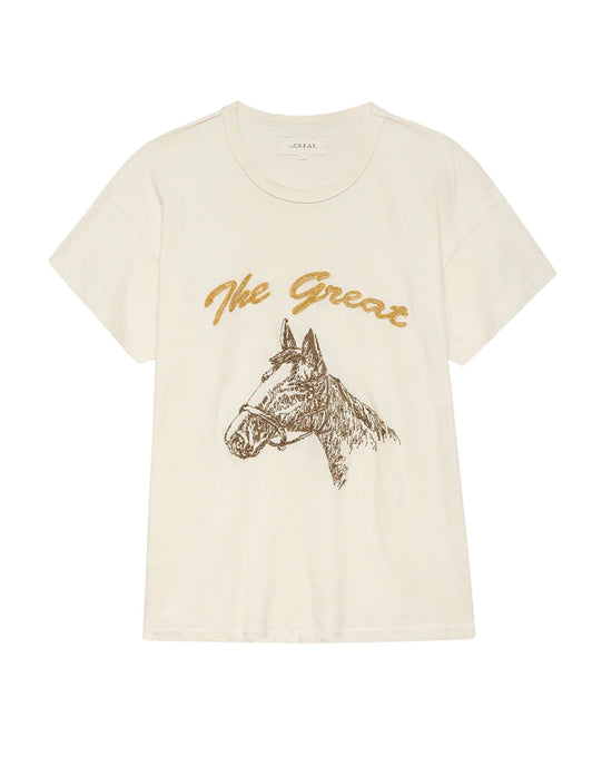 the Great Clothing The Boxy Crew w/ Horse Embroidery in Washed White