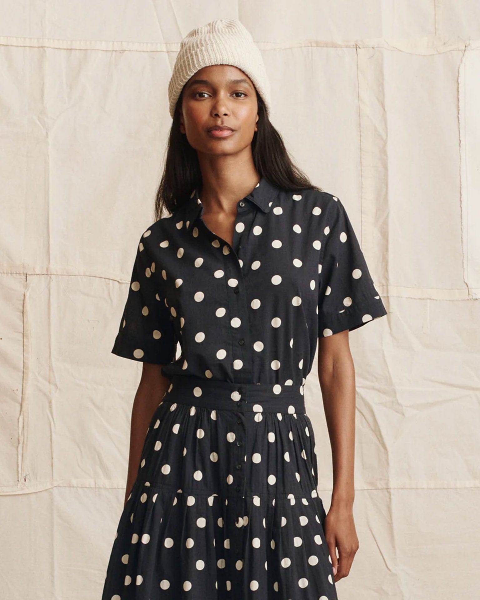 The Messenger Top in Navy w/ Cream Polka Dots