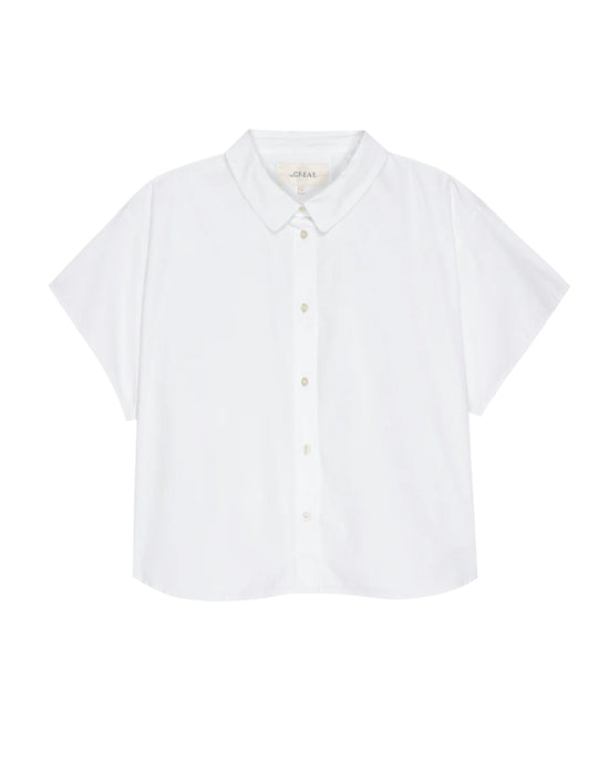 The Valor Top in White by the Great is a versatile staple, featuring a classic collar and short sleeves, and is displayed on a plain background.