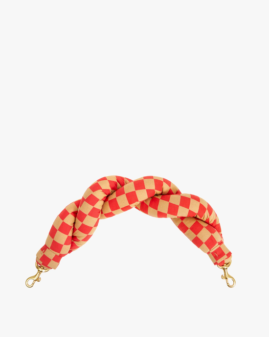 Checker Twisted Puff Top Handle in Poppy & Khaki cotton canvas bag strap with gold-tone hardware on a white background by Clare V.